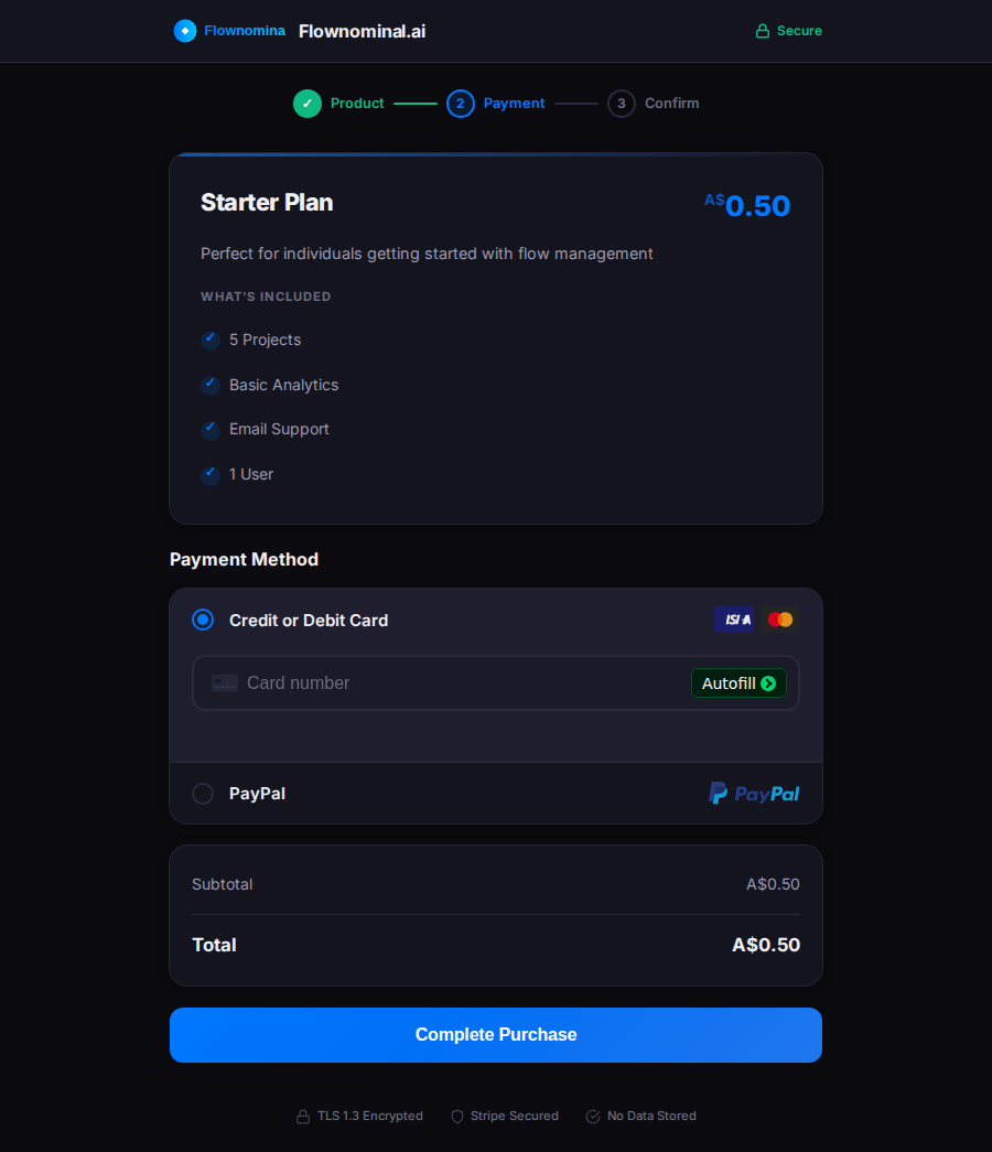 Live payment gateway checkout demo showing Flownominal branded Stripe and PayPal checkout